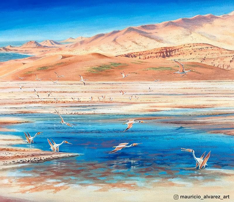 Ilustração do ambiente onde pterossauros da família Ctenochasmatidae teriam habitado há cerca de 140 milhões de anos (Foto: Universidade do Chile )