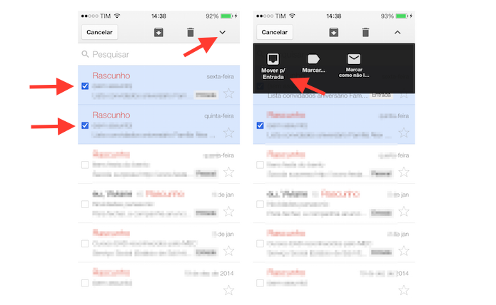 Movendo rascunhos para caixa de entrada no aplicativo do Gmail para iOS (Foto: Reprodução/Marvin Costa)