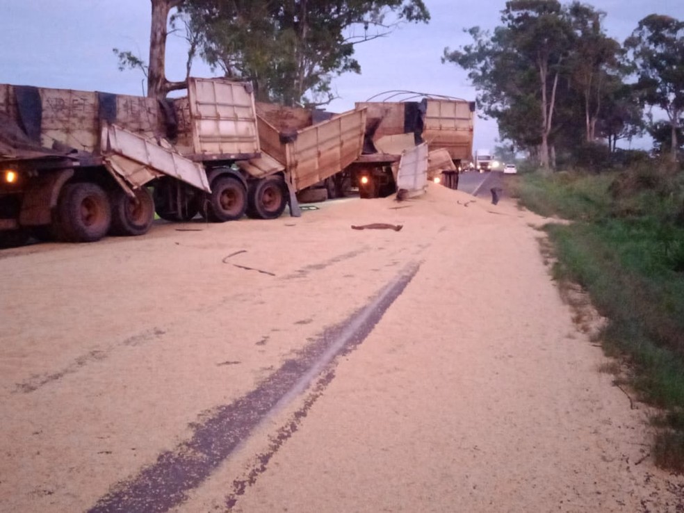 caminhão - tombado - mgc-452 - uberlândia  — Foto: Polícia Militar Rodoviária/Divulgação 
