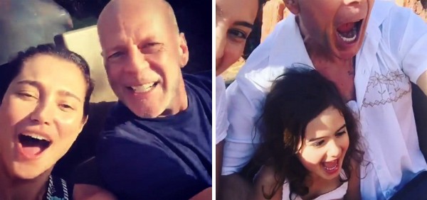 O ator Bruce Willis, sua esposa e a filha em montanhas-russas (Foto: Instagram)