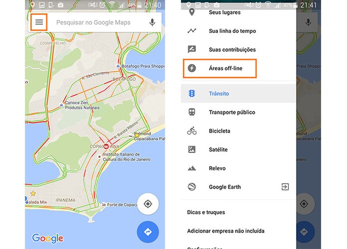 Acesse o menu do Google Maps no Android e selecione as áreas offline (Foto: Reprodução/Barbara Mannara)