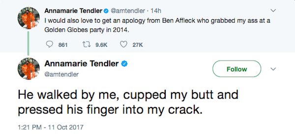 A acusação de assédio contra Ben Affleck feito pela maquiadora Annamarie Tendler (Foto: Twitter)