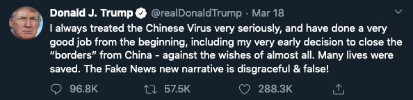 Um tuíte recente de Donald Trump chamando o coronavírus de vírus chinês (Foto: Twitter)