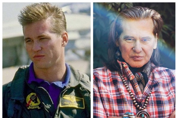 O ator Val Kilmer em Top Gun (1986) e em foto recente após passar por um traqueostomia (Foto: Reprodução/Instagram)