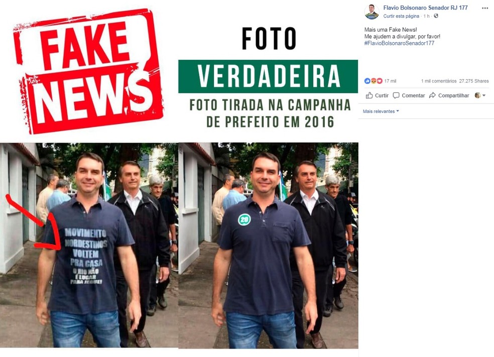 Flávio Bolsonaro esclareceu nas redes sociais que foto com dizeres sobre nordestinos é falsa — Foto: Foto: Reprodução/Facebook