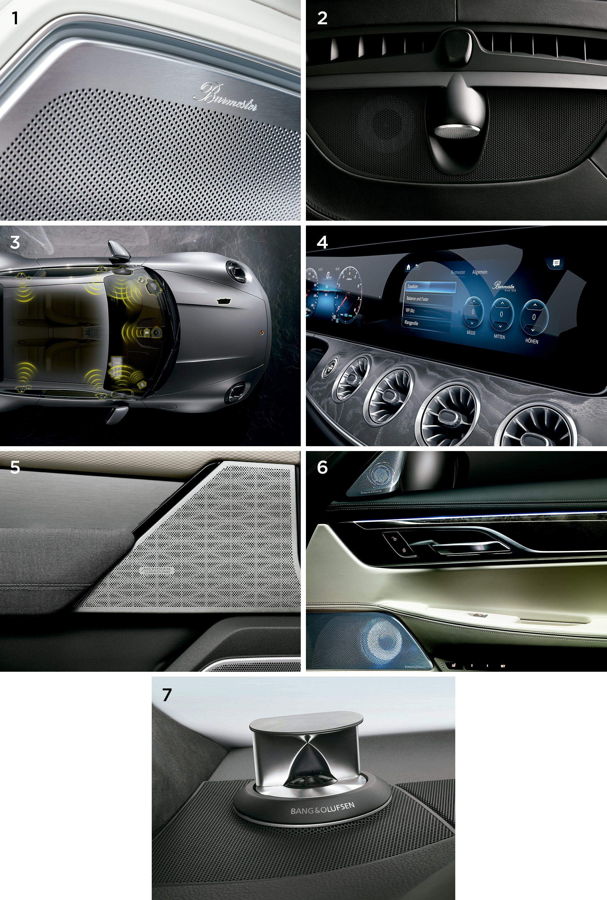 Premium Sound System: 1. Burmester garantiert die Komplexität und Qualität des Audiosystems im Porsche Panamera.  2. Details der zentralen Box von B & W - Bowers & Wilkins, mit der der XC90 ausgestattet ist.  3. Das Soundsystem kann Schallwellen in sensorische Reize umwandeln.  4. Auf dem Armaturenbrett eines Mercedes GT 63s 4MATIC + kann das von Burmester signierte 10-Kanal-System ausgeglichen werden.  5. Bei Land Rover Velar-Türen haben Meridian-Koffer das gleiche Sitzleder-Design.  6. Die Innenbeleuchtung des BMW X7 betont die Lautsprecher von Bowers & Wikins.  7. Details zum Bang & Olufsen-System auf dem Audi Q8-Armaturenbrett.  (Bild: Offenlegung)
