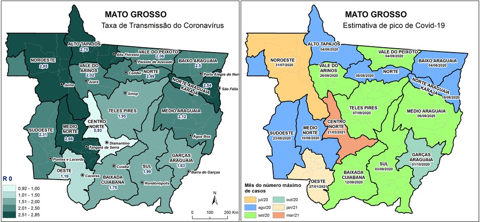 Mapas mostram a taxa de infecção e previsão de pico de Covid-19 em Mato Grosso  Foto: Departamento de Geografia/UFMT