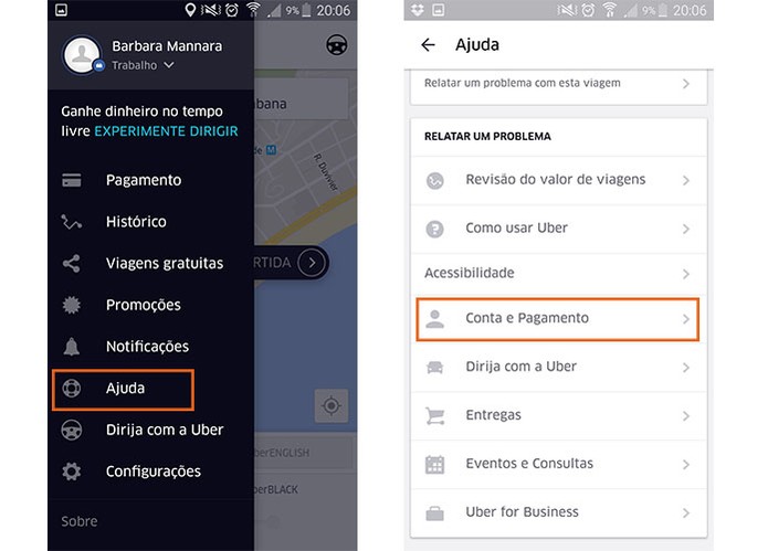 Acesse as configurações de ajuda no aplicativo do Uber (Foto: Reprodução/Barbara Mannara)