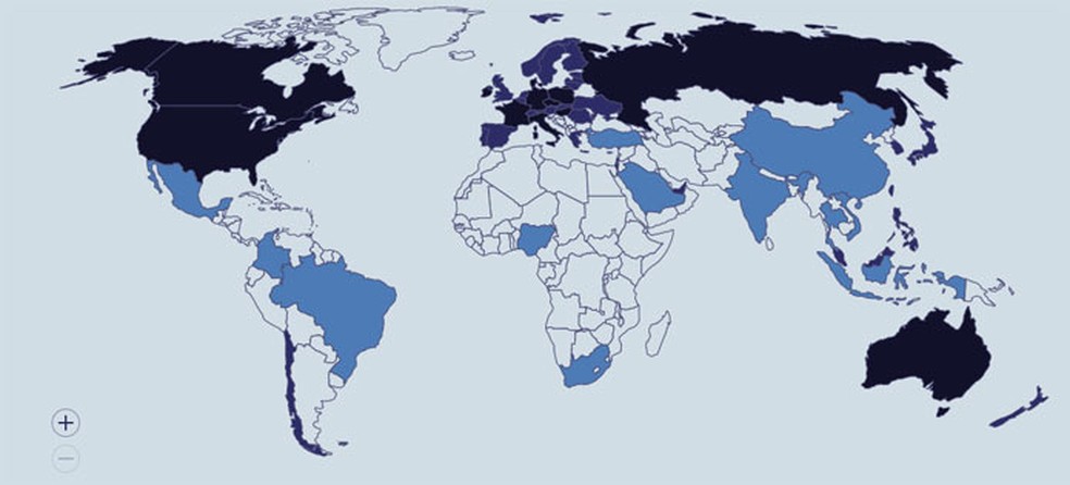 Ranking mundial mostra países com maior volume de senhas vazadas per capita; quanto mais escuro, maior — Foto: Reprodução/NordPass