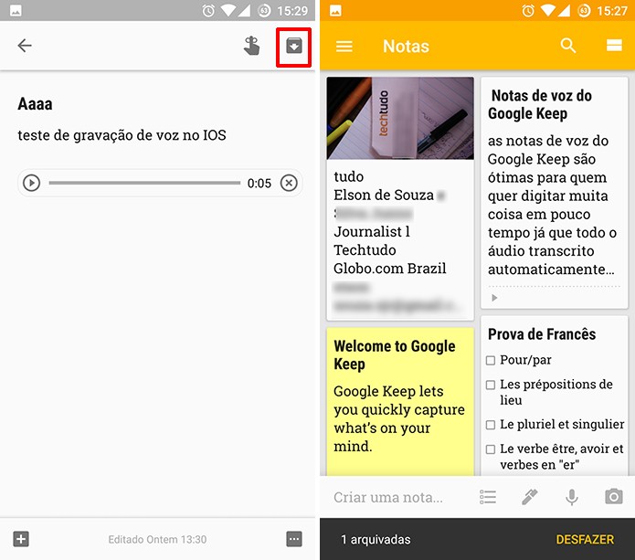 Usuário pode abrir notas antes de arquivá-la no Google Keep (Foto: Reprodução/Elson de Souza)