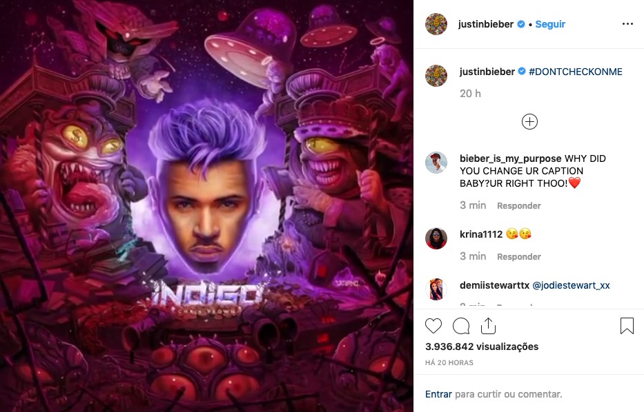 O post de Justin Bieber divulgando sua nova parceria com o rapper Chris Brown (Foto: Instagram)