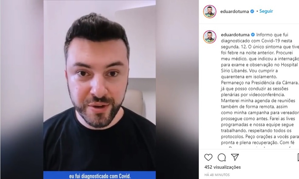 O presidente da Câmara Municipal de São Paulo, Eduardo Tuma (PSDB), afirma que foi diagnosticado com Covid-19. — Foto: Reprodução/Instagram