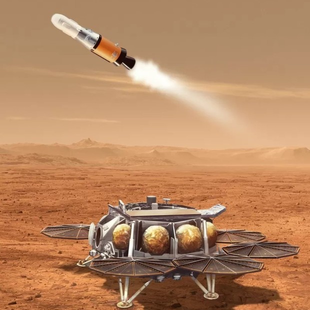 Ilustração das amostras deixando Marte para a Terra em um foguete lançado da Cratera Jezero (Foto: NASA via BBC)