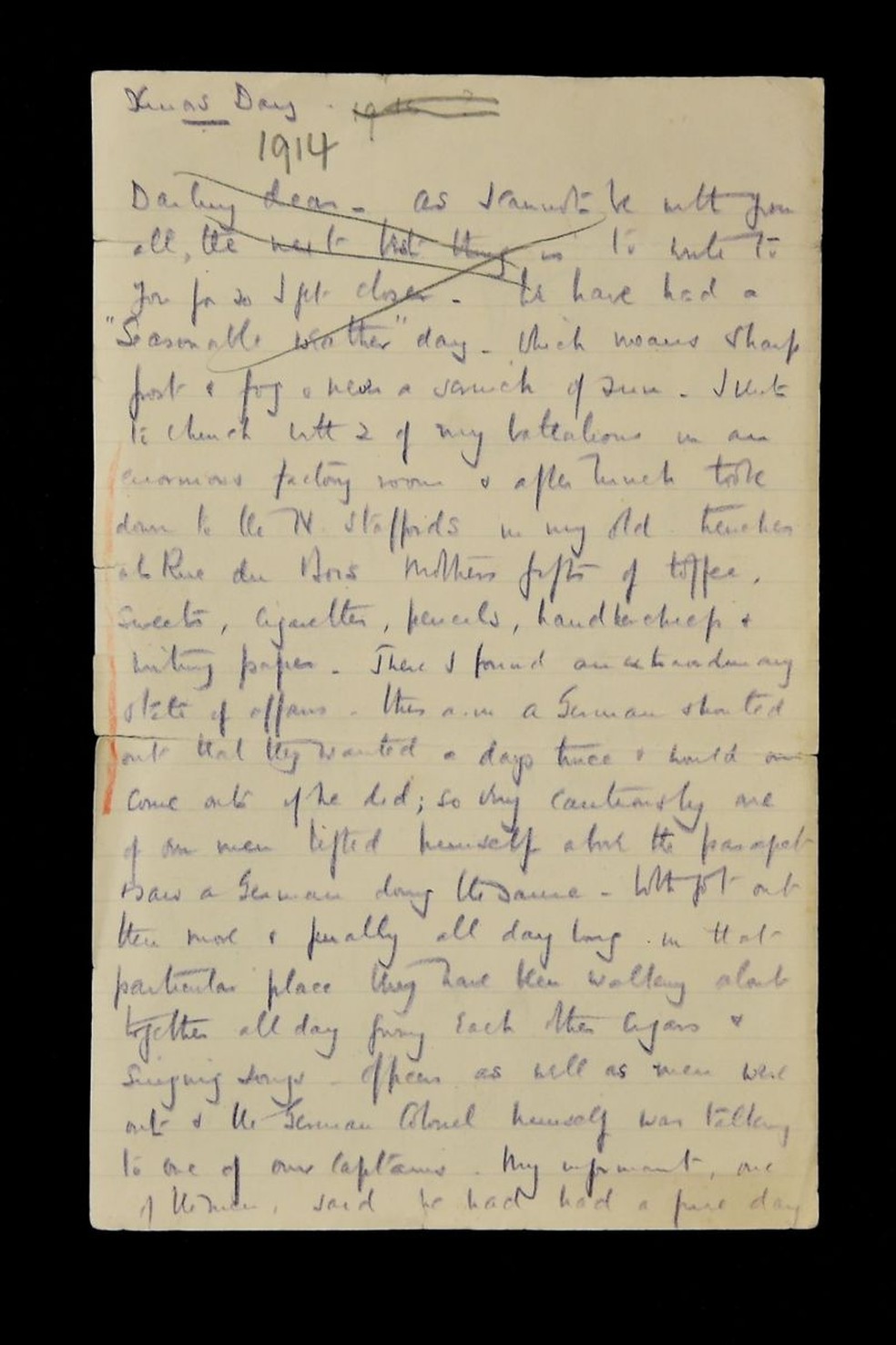 Uma carta escrita pelo General Walter Congreve para sua esposa contando sobre a Trégua de Natal de 1914 — Foto: JOE GIDDENS/PA WIRE via BBC