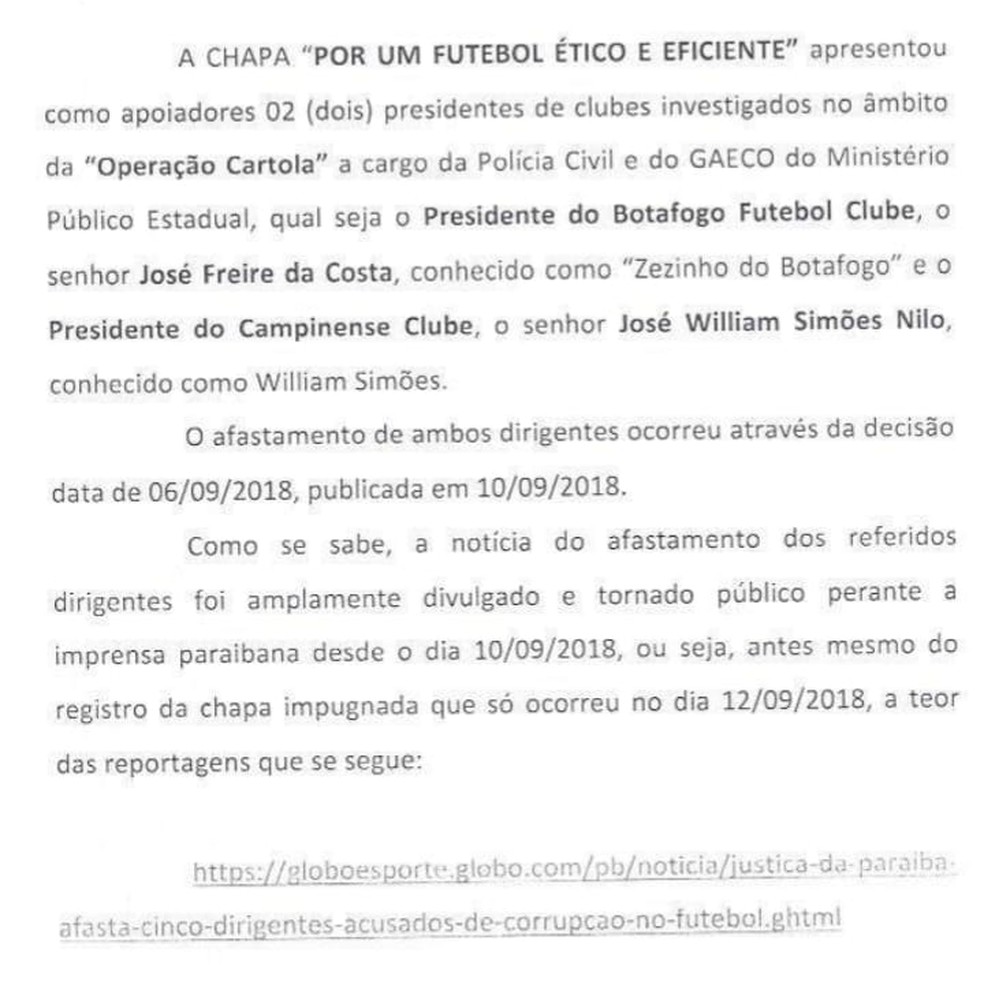 Trecho do documento que pede a impugnaÃ§Ã£o da chapa de Eduardo AraÃºjo â Foto: ReproduÃ§Ã£o