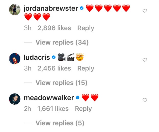 Os comentários celebrando o post de Vin Diesel anunciando o início das filmagens de Velozes e Furiosos 9, incluindo um de Meadow Walker, filha do ator Paul Walker (1973-2013) (Foto: Instagram)