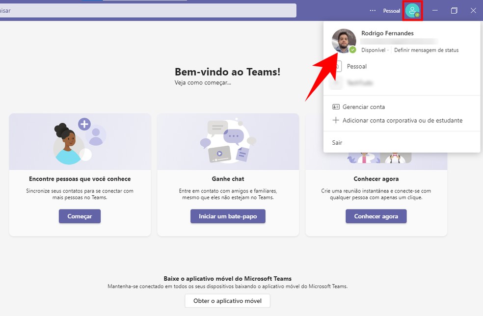 Microsoft Teams para PC: programa permite editar o perfil do usuário ao clicar no avatar — Foto: Reprodução/Rodrigo Fernandes