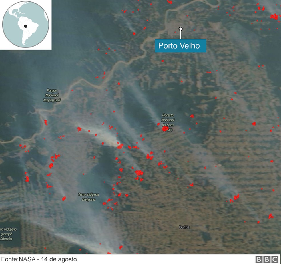 Imagem do sistema da Nasa da área perto de Porto Velho em 5 de agosto — Foto: BBC