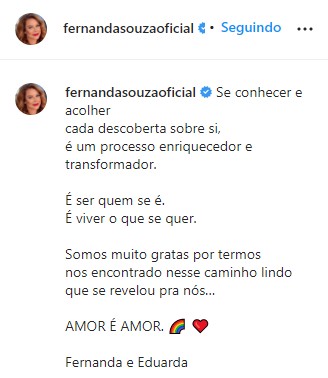 A declaração de Fernanda Souza para a namorada Eduarda  (Foto: reprodução Instagram )