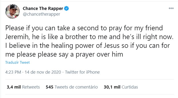 Chance The Rapper pede orações para o rapper Jeremih, internado com Covid-19 (Foto: Reprodução/Twitter)
