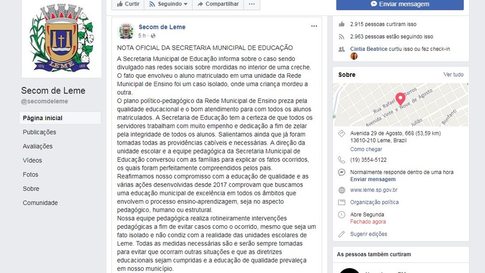 Nota Secretaria de Educação de Leme (Foto: Reprodução Facebook)