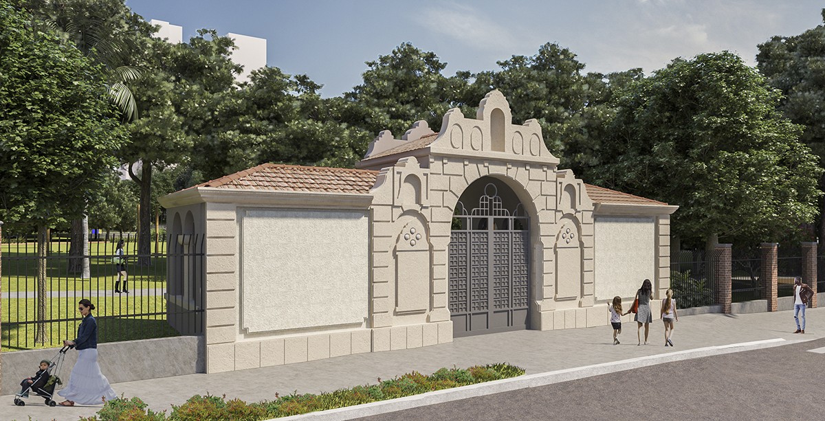 A portaria do Colégio Santa Mônica foi restaurada e faz parte do novo parque (Foto: Kruchin Arquitetura / Reprodução)