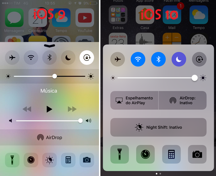 Interfaces do Centro de Controle no iOS 9 e no iOS 10 (Foto: Reprodução/Lucas Mendes)