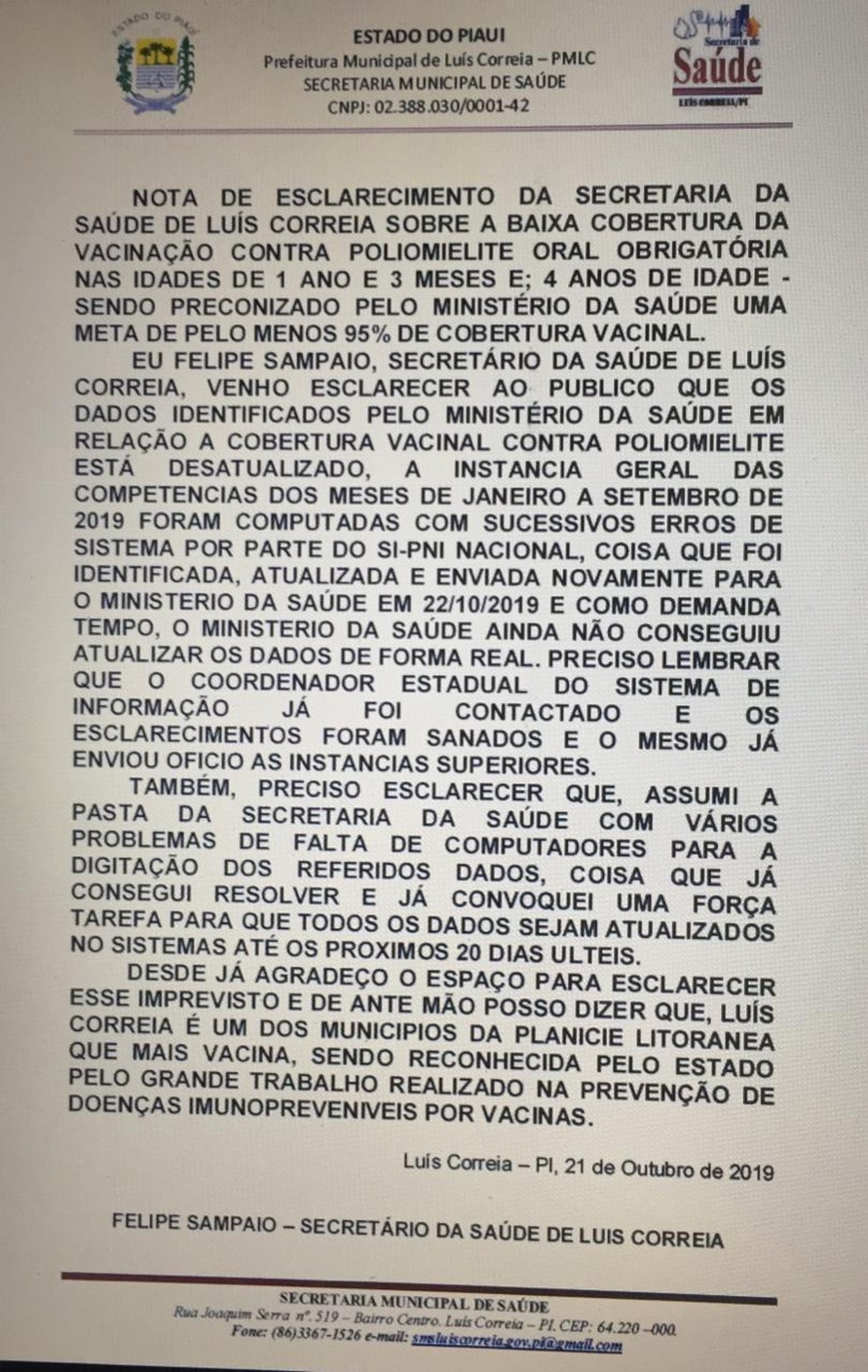 Nota da Secretaria de Saúde de Luís Correia quanto à cobertura vacinal contra a poliomielite. — Foto: Divulgação