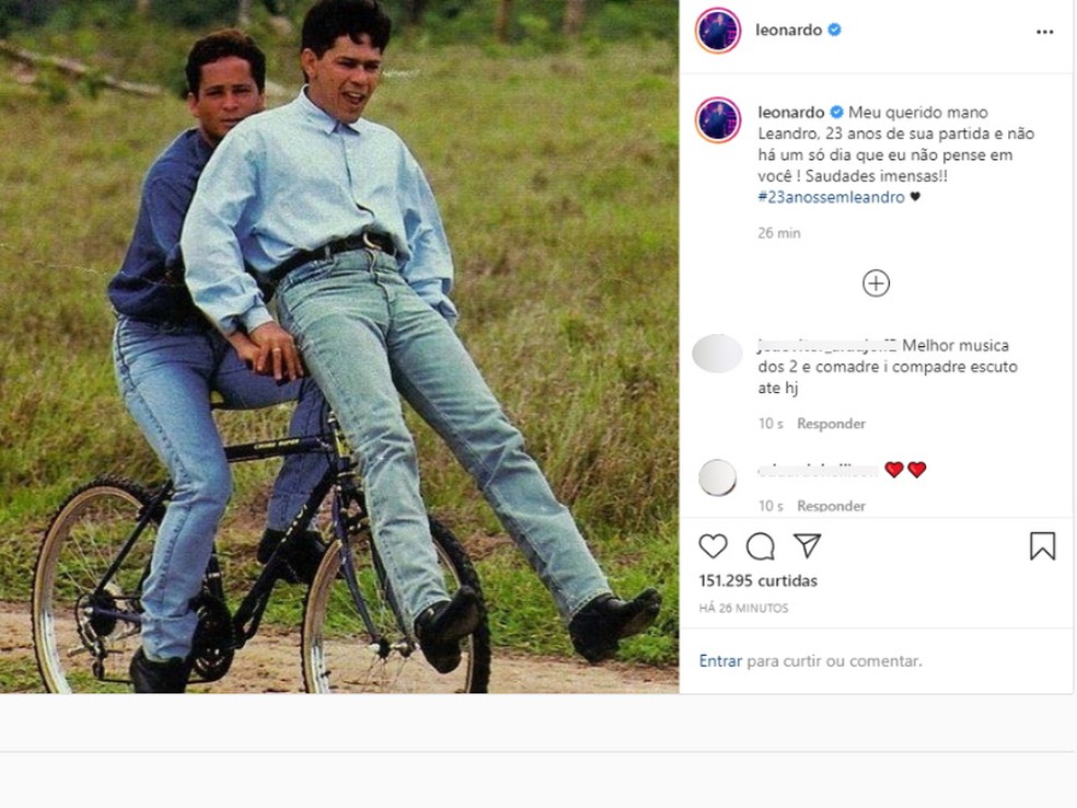Cantor Leonardo faz post na web lembrando morte do irmão Leandro: ‘Saudade imensa’ — Foto: Reprodução/Instagram