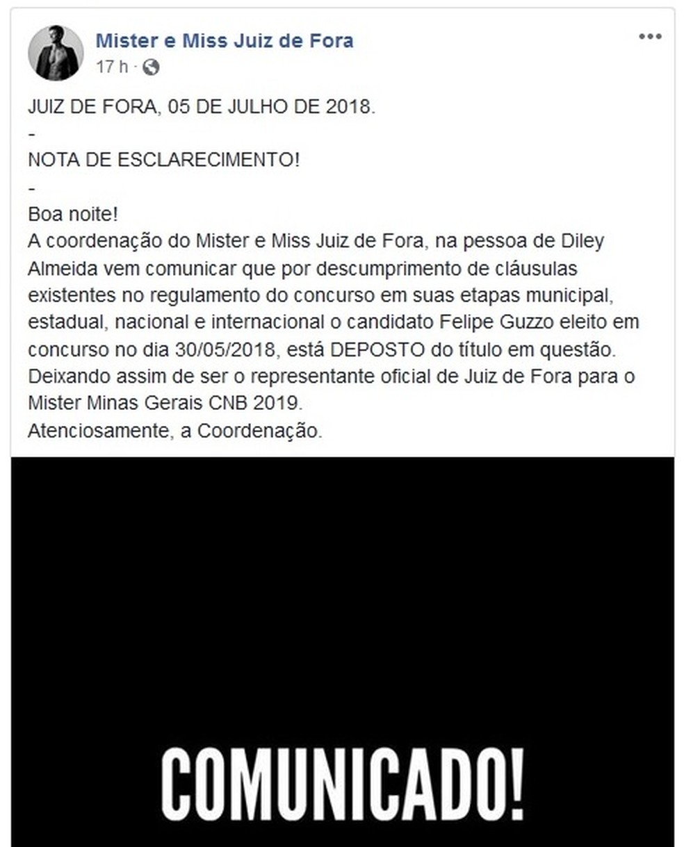 Postagem na página oficial do concurso comunica a retirada do título de Mister Juiz de Fora (Foto: Reprodução/Facebook)