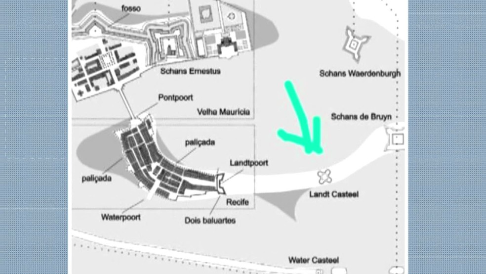 Documento mostra onde ficava Forte de São Jorge, que teria sido completamente destruído na luta contra os holandeses — Foto: Reprodução/TV Globo