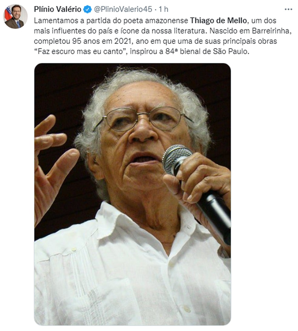 Plínio é senador pelo Amazonas.  — Foto: Reprodução/Twitter