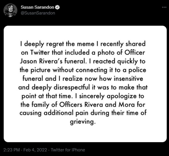 Susan Sarandon se desculpa nas redes sociais (Foto: Reprodução/Twitter)