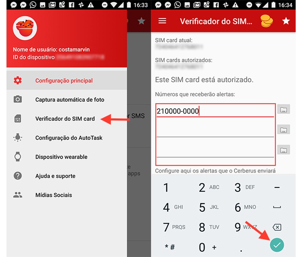 Opção para configurar o verificador de SIM card do app Cerberus (Foto: Reprodução/Marvin Costa)