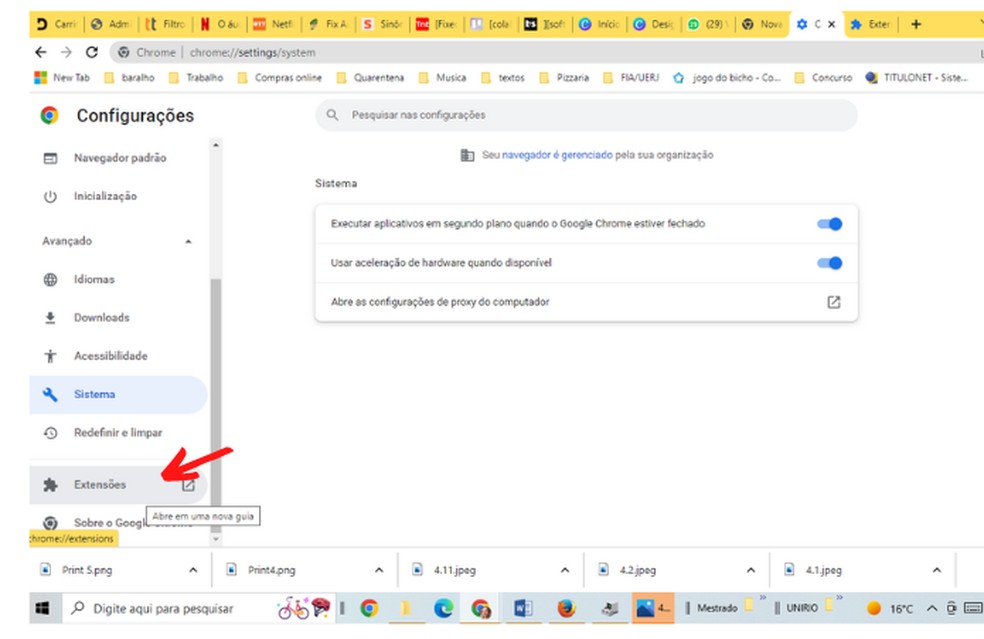 Para verificar se há extensões da Netflix no Chrome, acesse as configurações e clique na opção "Extensões" — Foto: Reprodução/Raisa Capela