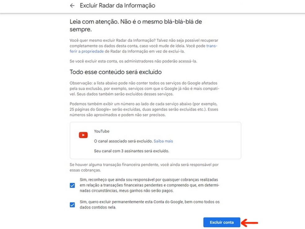 Confirmação de exclusão da conta do Google — Foto: Reprodução/Raquel Freire