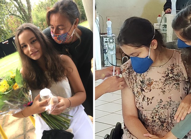 Gabriela com Sofia, que tem um pulmão; e Sofia, que tem paralisia, sendo vacinada no MS (Foto: Arquivo pessoal)