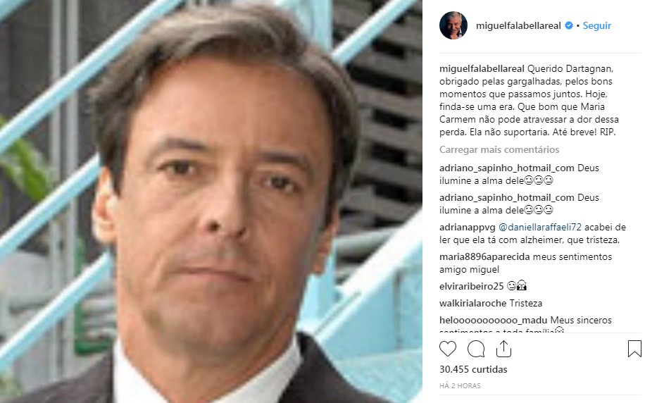 Miguel Falabella faz post sobre morte de D'Artagnan Júnior (Foto: Reprodução/Instagram) Miguel Falabella faz post sobre morte de D'Artagnan Júnior (Foto: Reprodução/Instagram)