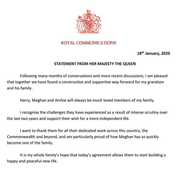 Rainha Elizabeth solta novo  comunicado sobre saída de Meghan e Harry (Foto: Reprodução/Instagram)