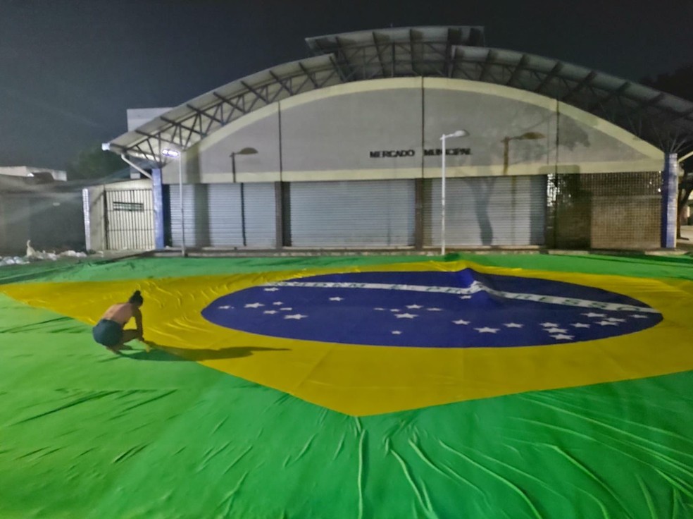 Costureira de Teresina em confecção da bandeira do Brasil usada na posse presidencial  — Foto: Arquivo Pessoal / Rayldo Pereira 