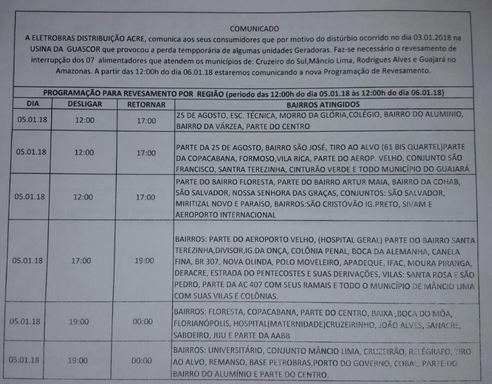 Eletrobras divulgou lista de como vai se ro rodizío nesta sexta (5) (Foto: Divulgação/Eletrobras-AC)