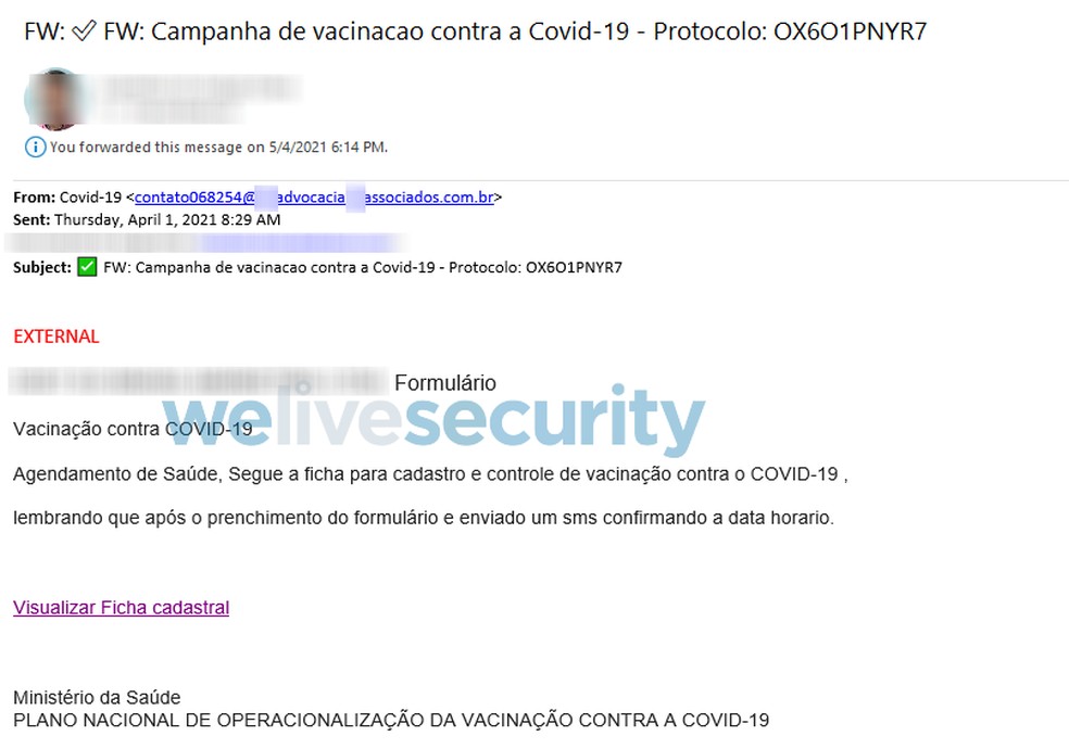 E-mail promete agendamento de vacina contra Covid-19 — Foto: Divulgação/ESET