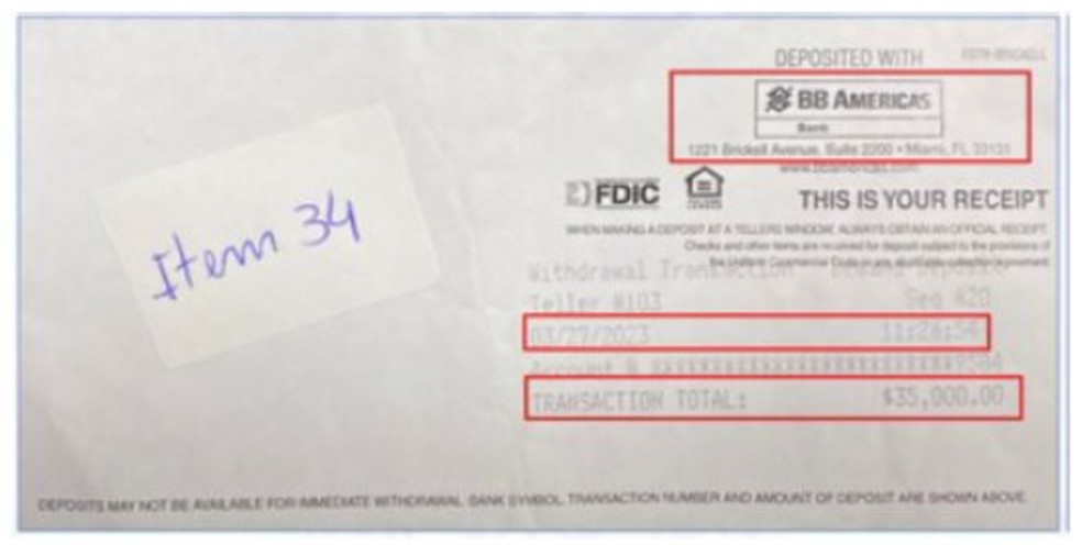 Comprovante de saque de US$ 35 mil feito por Cid nos Estados Unidos — Foto: Reprodução