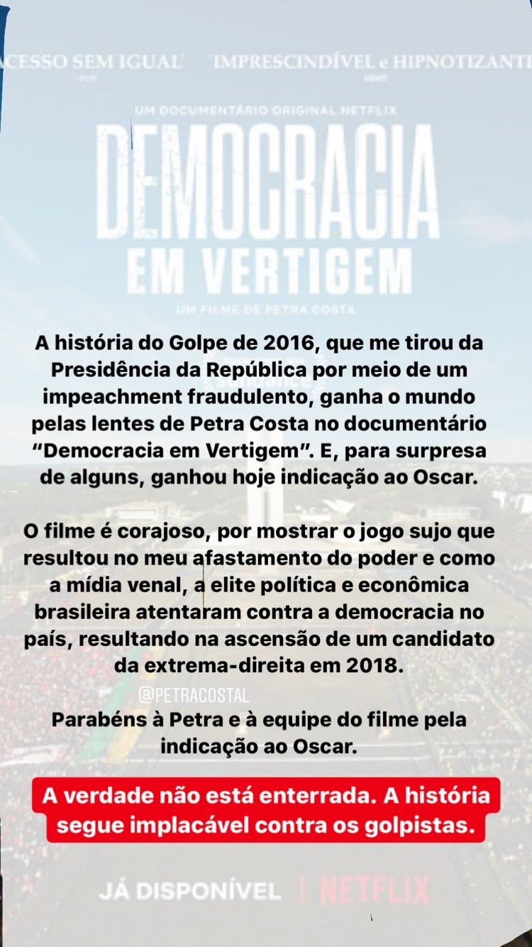 Dilma Rousseff se pronuncia sobre Democracia em Vertigem (Foto: Reprodução/Instagram)