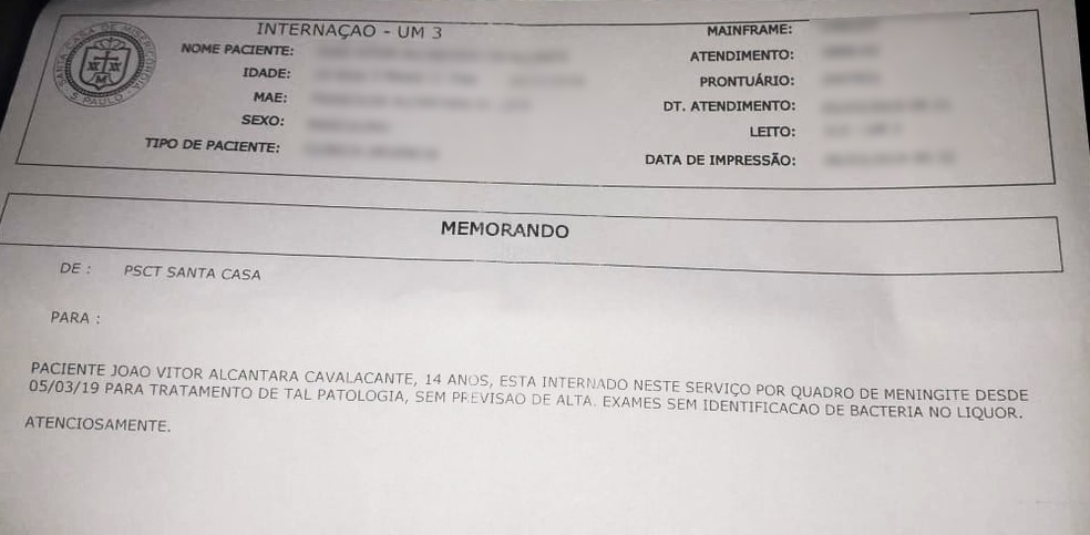 Laudo emitido pela Santa Casa de São Paulo, SP, confirma diagnóstico de meningite em adolescente — Foto: Roberto Mendes/Arquivo Pessoal