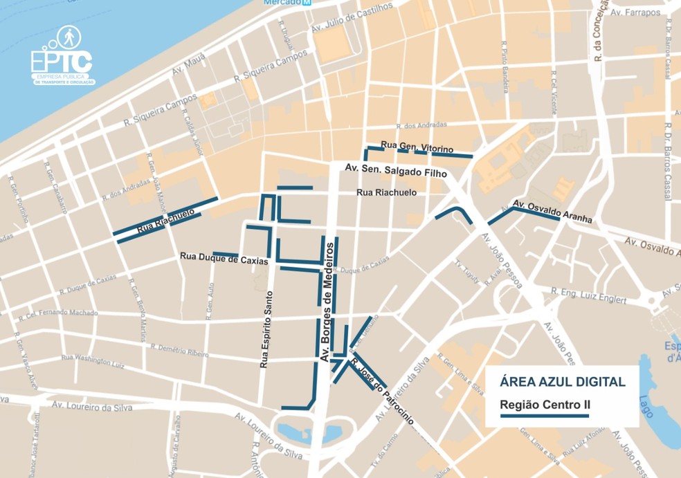 Mapa mostra ruas do Centro HistÃ³rico que voltam a ter cobranÃ§a do estacionamento rotativo a partir de segunda â€” Foto: DivulgaÃ§Ã£o/EPTC