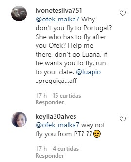 Fãs rebatem Ofek Malka e Luana curte comentários (Foto: Reprodução / Instagram)