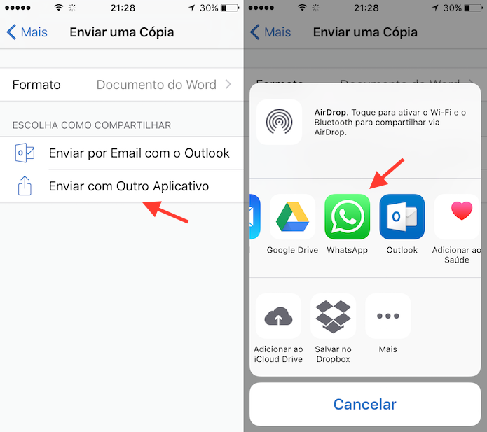 Opção para definir o WhatsApp no compartilhamento de um documento no Word para iPhone (Foto: Reprodução/Marvin Costa)