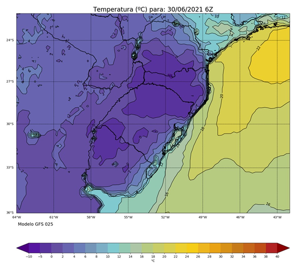 Previsão de temperatura para 30 de junho em SC durante a madrugada — Foto: Epagri/Rperodução 