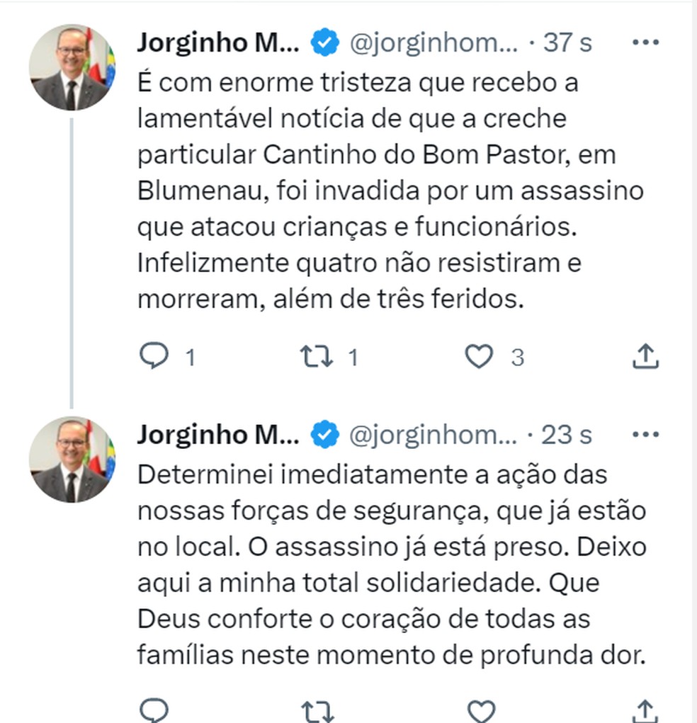 Governador de Santa Catarina, Jorginho Melo (PL), lamenta ataque em creche em Blumenau por meio das suas redes sociais — Foto: Twitter